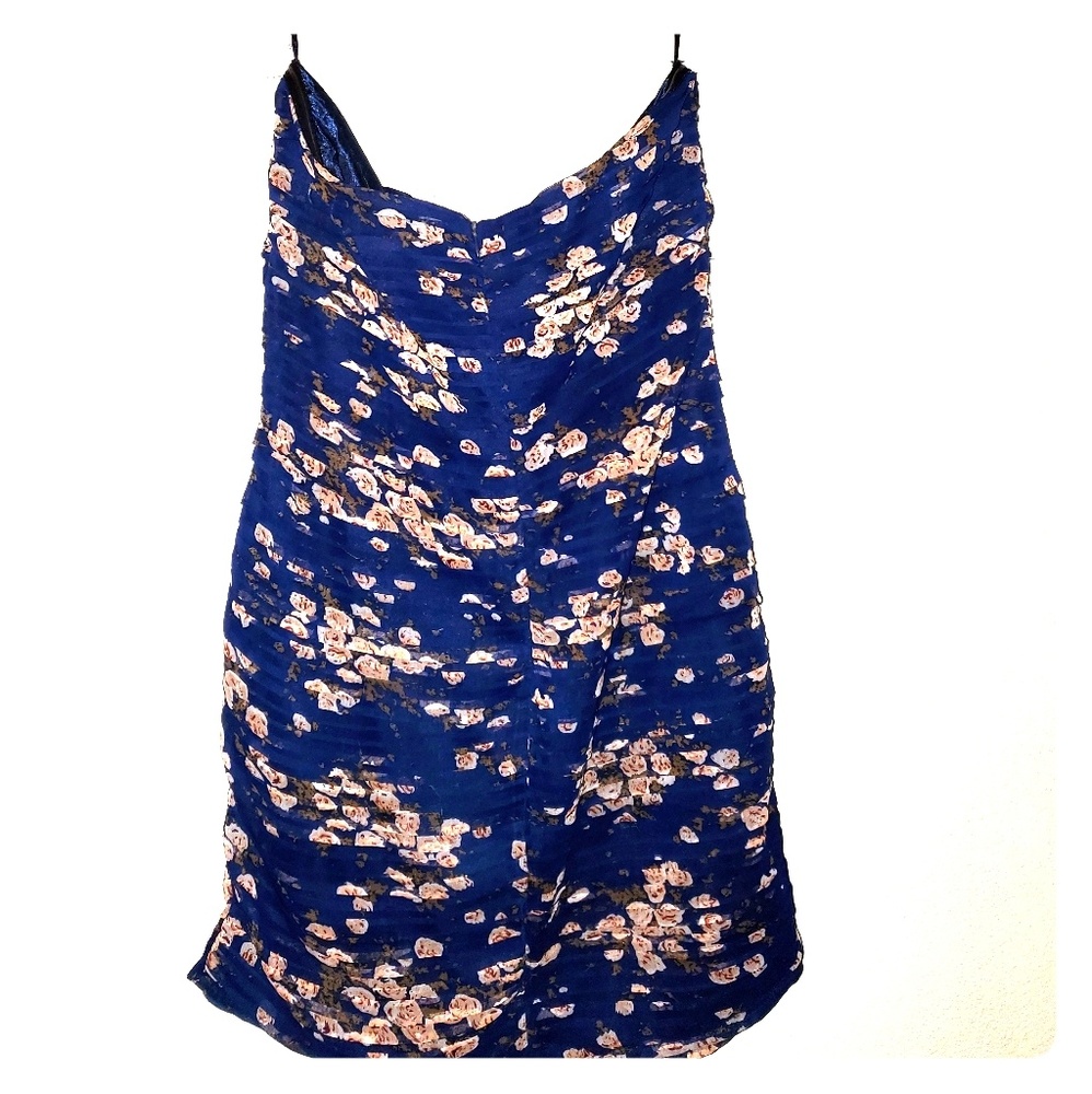 Short Strapless Blue and Floral Dress with Zipper.